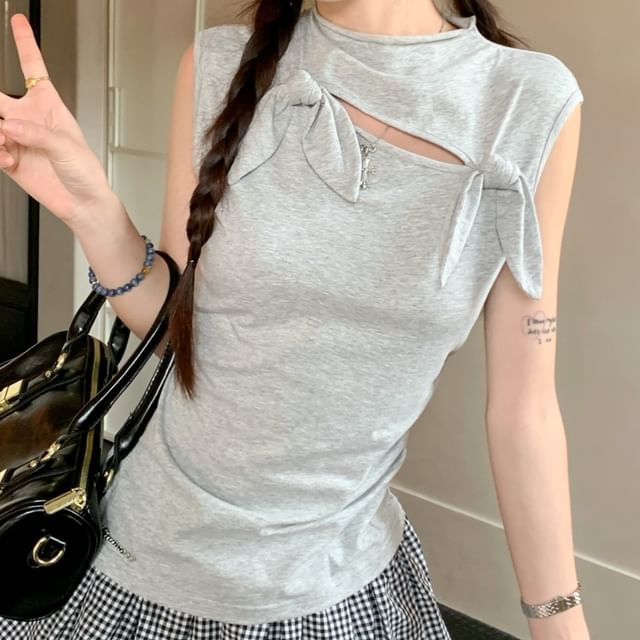 Mock Neck Cutout Top & Plaid Pleated Mini Skirt Set