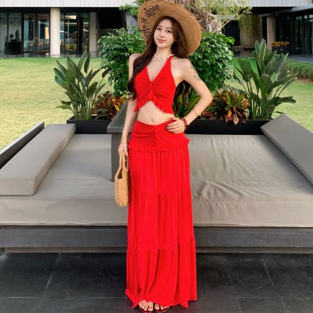 Matching Halter Crop Top and Tiered Maxi Skirt Set