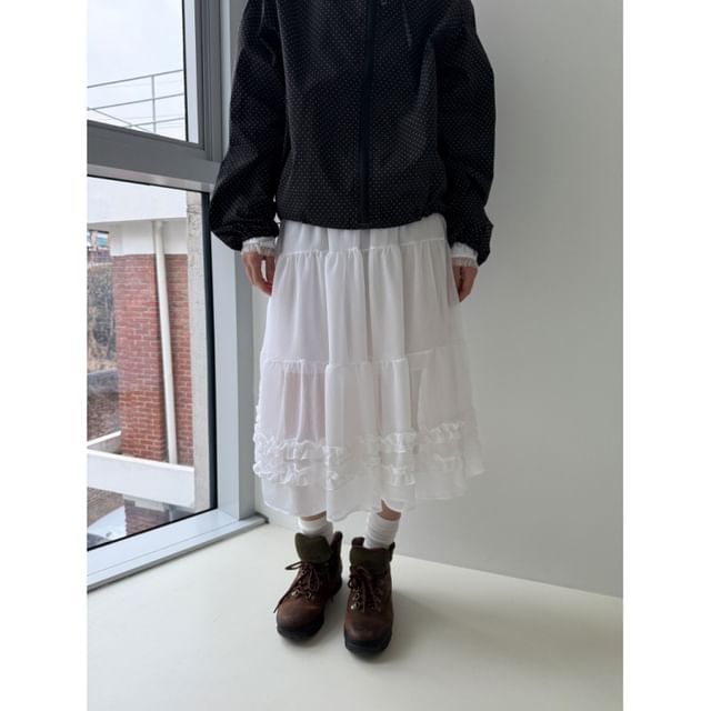 Ruffled Chiffon Midi A-Line Skirt - High Waist