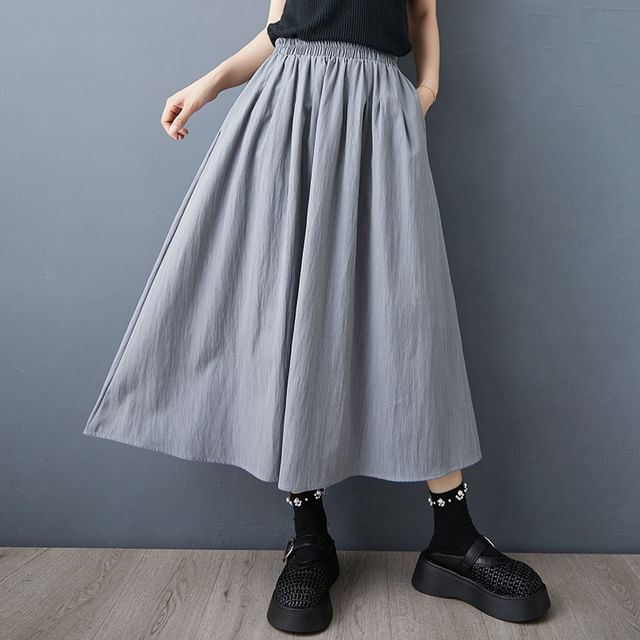 Elastic-Waist Midi Skirt with Flared A-Line Cut
