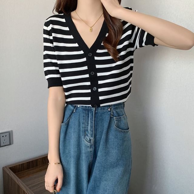 Short Sleeve V-Neck Striped Cardigan