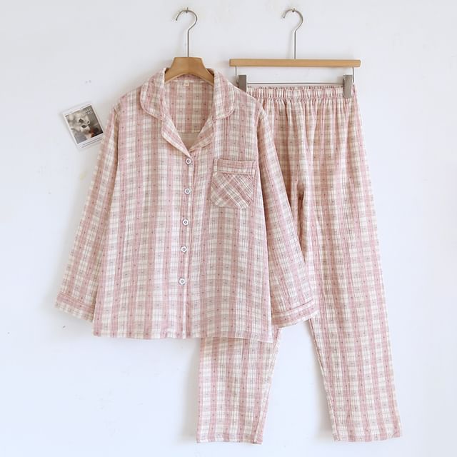 Couple Matching Lapel Collar Plaid Button Pajama Top / Lounge Shorts / Pants (Various Designs)