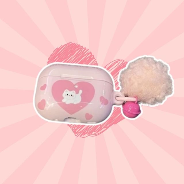 Heart Cat Apple AirPods / Pro Earphone Case Skin / Pom Pom Charm / Set