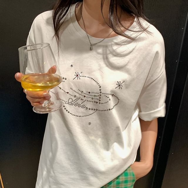 Rhinestone Crewneck Short-Sleeved Tee