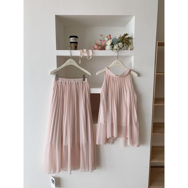 Halter Asymmetrical Blouse and Maxi A-Line Skirt Set