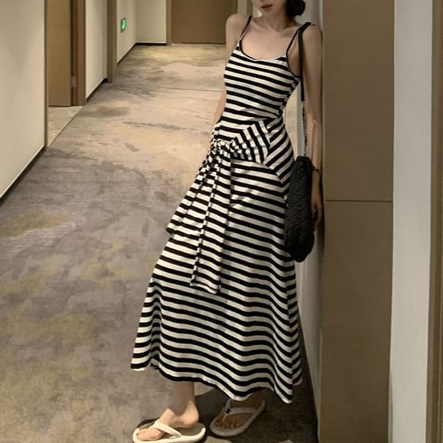 Striped V-Neck Spaghetti Strap Maxi A-Line Dress - Altfashion Shop