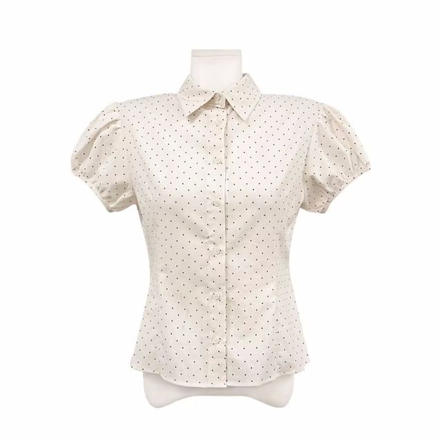 Puff Sleeve Collared Dotted Shirt and Mini Skirt