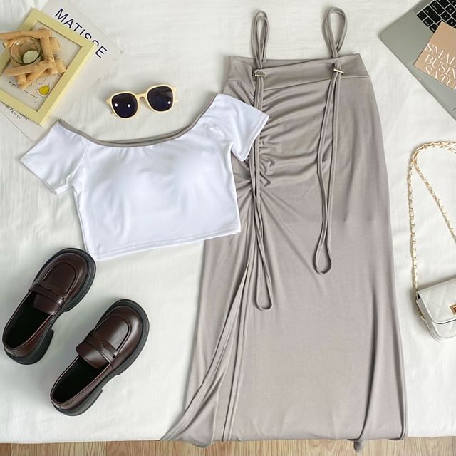 Off-Shoulder Crop Top and Slit Maxi Pencil Pinafore Skirt Set