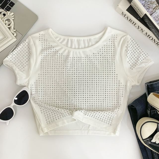 Crewneck Plain Rhinestone Cropped Short-Sleeved Tee