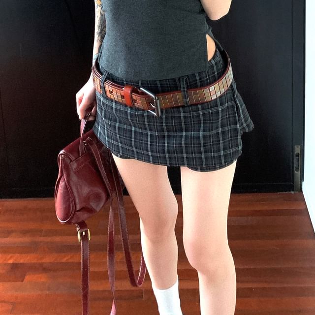 Spaghetti-Strap Slit Plain Cami & High-Waisted Plaid Mini Skirt