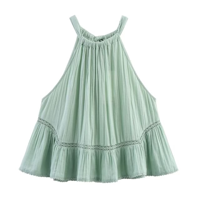 Plain Halter-Neck Lace Panel Tie-Back Blouse