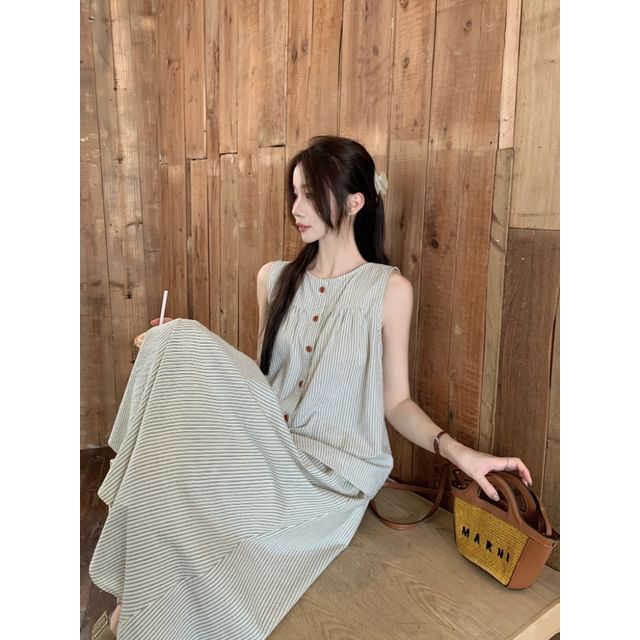 Round Neck Striped Button Top and Maxi A-Line Skirt