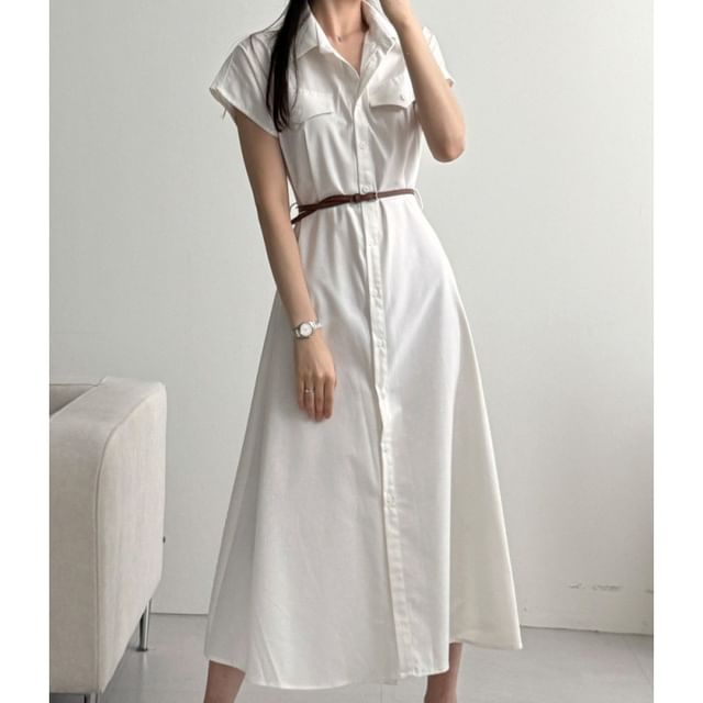 Black Cap-Sleeve Collared Button-Up Shirt Maxi Dress - Altfashion Shop