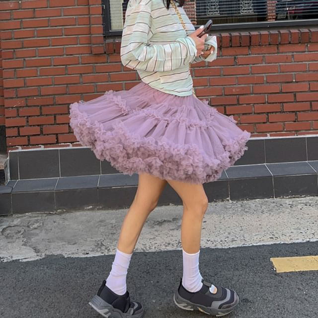 Sheer Ruffle Trim Mini A-Line Skirt with High Waist