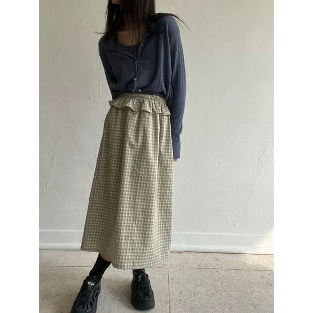 Plaid Ruffle Trim Midi A-Line Skirt with High Rise
