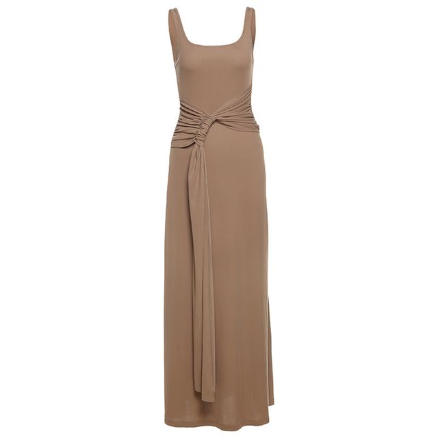 Black Sleeveless Square Neck Tie-Waist Bodycon Maxi Dress - Altfashion Shop
