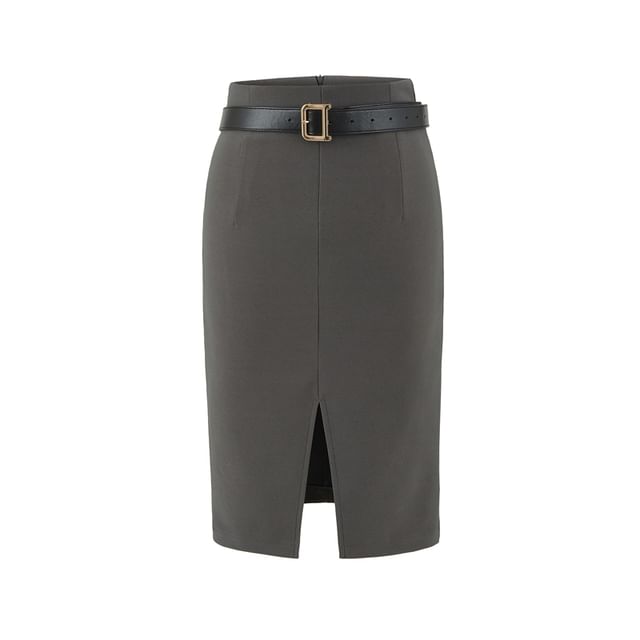High Waist Plain Slit Midi Pencil Skirt Set with Belt