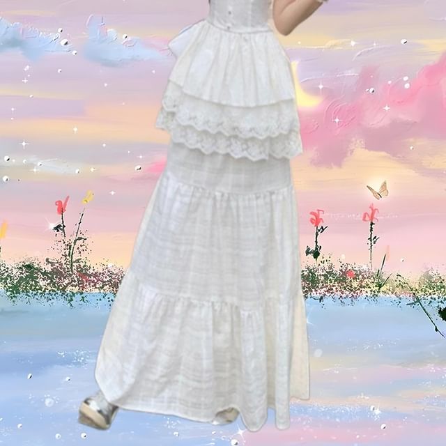 V-Neck Lace Trim Flowy Cami Top with High Waist Maxi A-Line Skirt