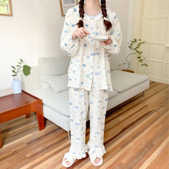 Couple Matching Pajama Set: Long-Sleeve Whale Print Top + Pants