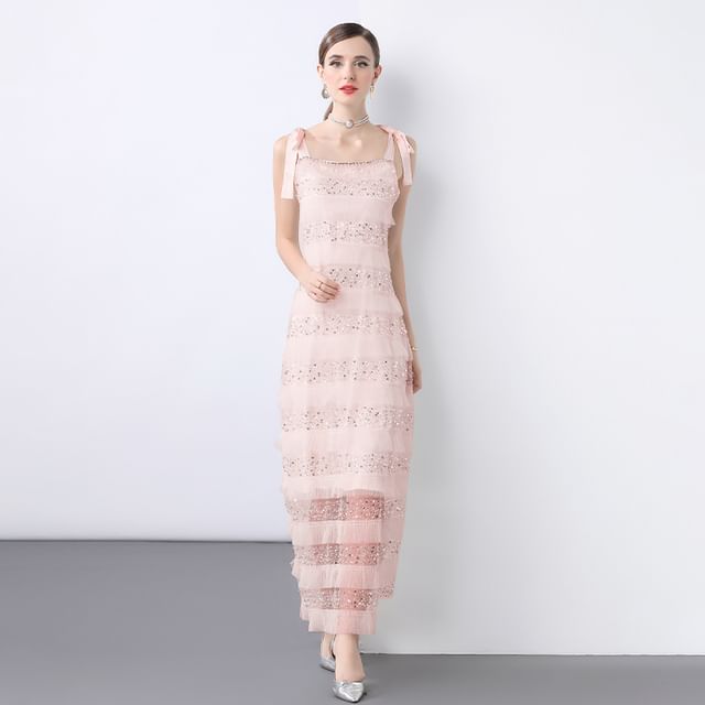 Black Tie Shoulder Sequin Beaded Panel A-Line Maxi Dress - Altfashion Shop