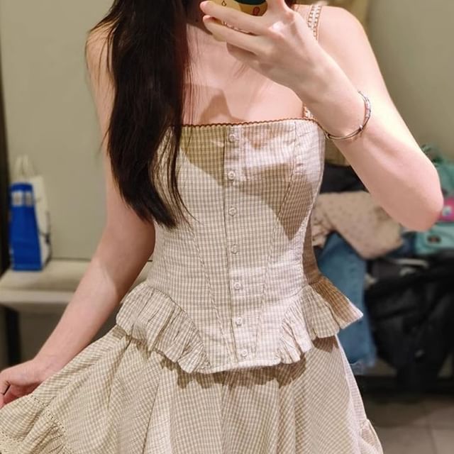 Button-Front Ruffle Gingham Camisole & High-Waist Mini A-Line Skirt