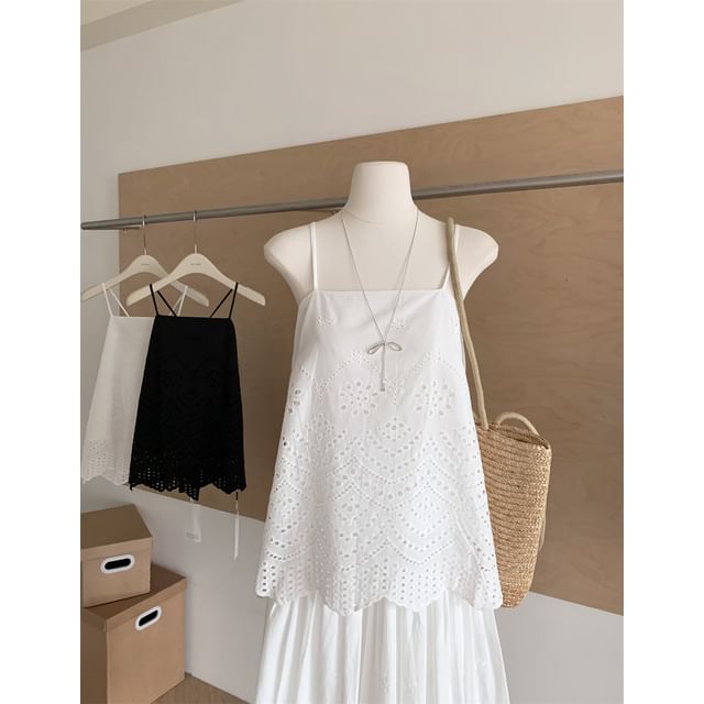 Pointelle Spaghetti-Strap Plain Camisole Top