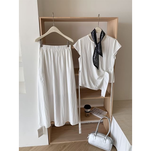 Tie-Waist Crew-Neck Short-Sleeved Top with Maxi Skirt and Scarf Set
