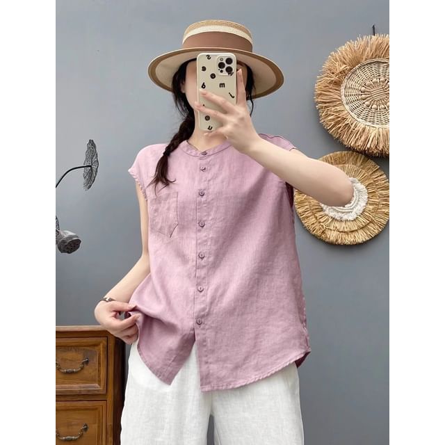 Plain Band-Collar Cap-Sleeved Blouse