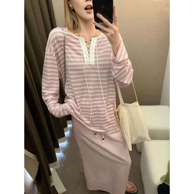 Striped Lace-Up Long-Sleeved Tee