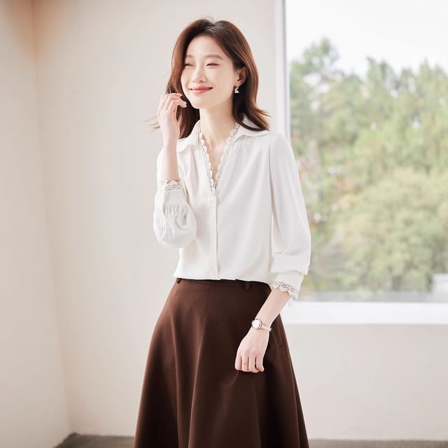 Collared V-Neck Lace-Trimmed Long-Sleeved Shirt