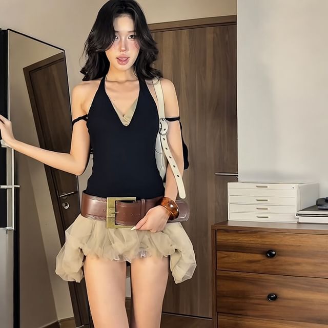 Plain V-Neck Sleeveless Top & Low-Rise Sheer Mini Skirt