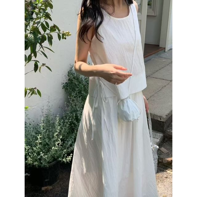 Plain Crew-Neck Sleeveless Top, Crossbody Bag & High-Rise Maxi A-Line Skirt Set
