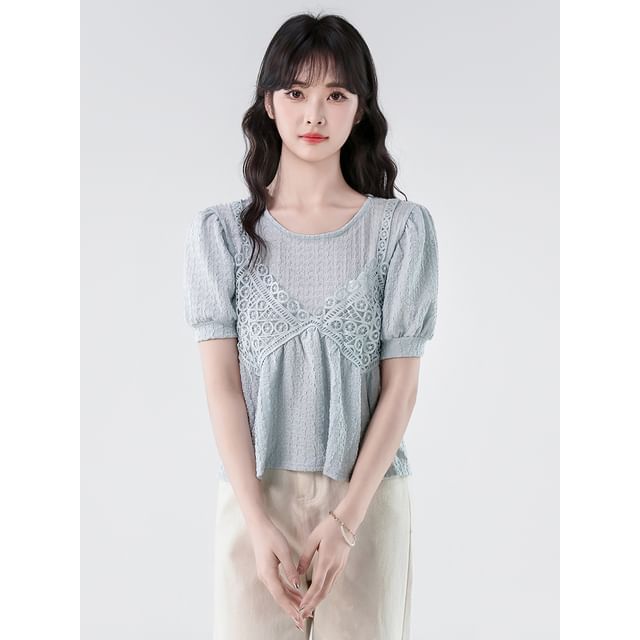 Elbow-Sleeve Lace Panel Crop Blouse