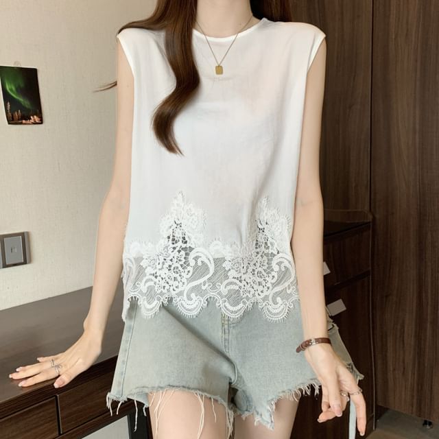 Crew Neck Lace Trim Sleeveless Top