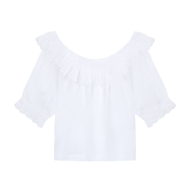 Elbow Sleeve Scoop Neck Ruffle Lace Trim Blouse