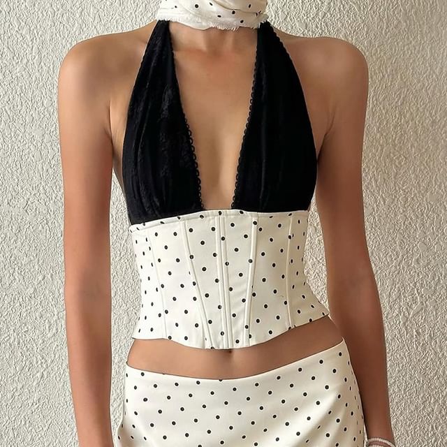 Dotted Sleeveless Corset Crop Top & Mini Skirt