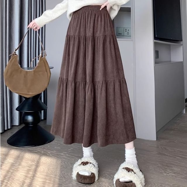 Elastic Waist Plain A-Line Midi Skirt