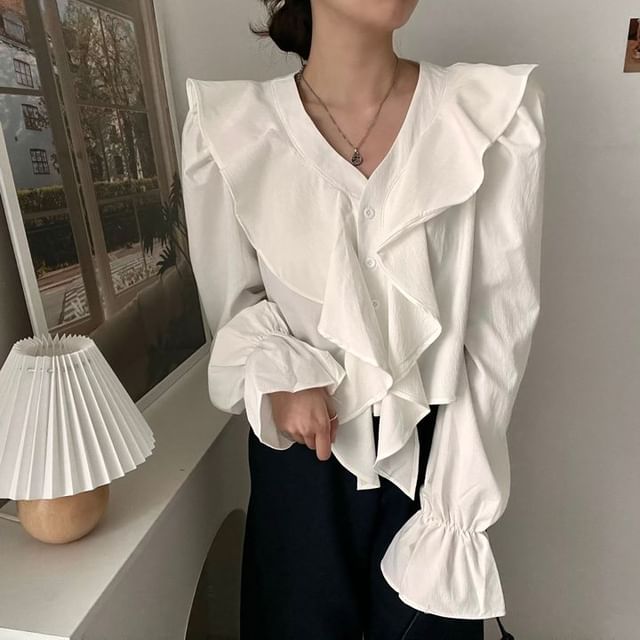 Ruffle-Trim V-Neck Long-Sleeved Solid Blouse