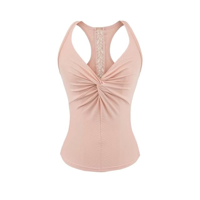 V-Neck Lace Panel Ruched Racerback Crop Tank