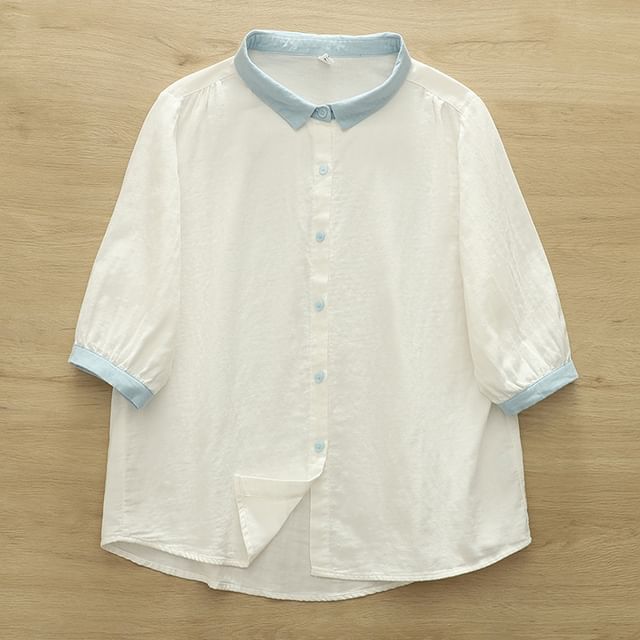Elbow-Sleeved Contrast-Trimmed Plain Blouse