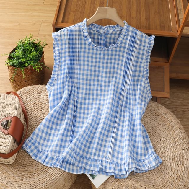 Plaid Sleeveless Crew-Necked Ruffled Blouse