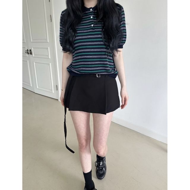 Striped Short-Sleeved Knitted Polo Shirt