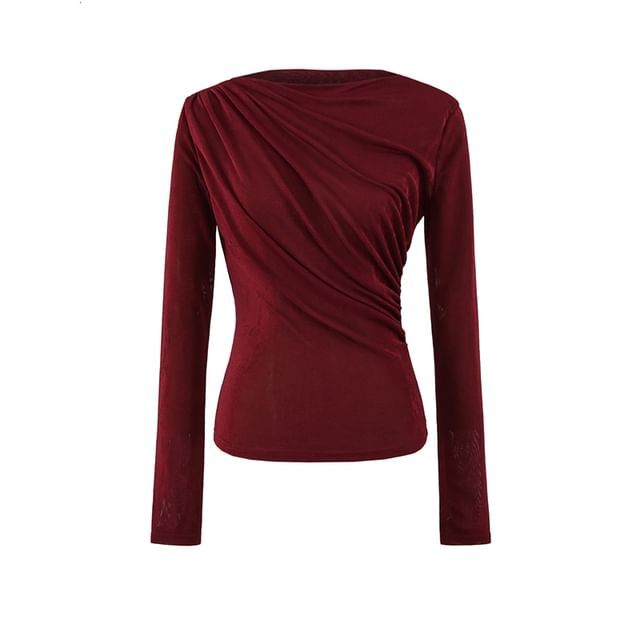 Boat-Neck Long-Sleeved Ruched Plain Top