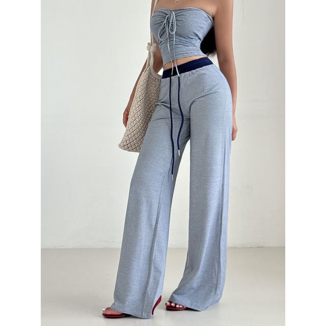 Striped Tube Top & Wide-Leg Drawstring Pants Set