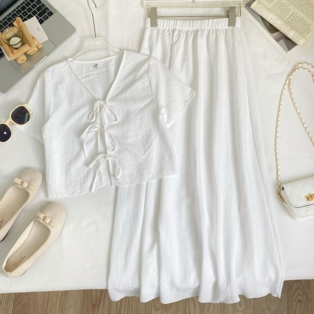 V-Neck Tie Front Crop Top and Maxi Skirt Set
