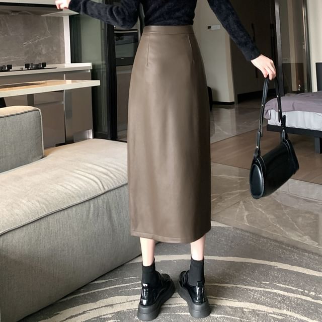 High Waist Ruched Slit Faux Leather Pencil Midi Skirt