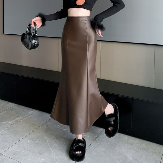 High Waist Faux Leather Fishtail Maxi Skirt