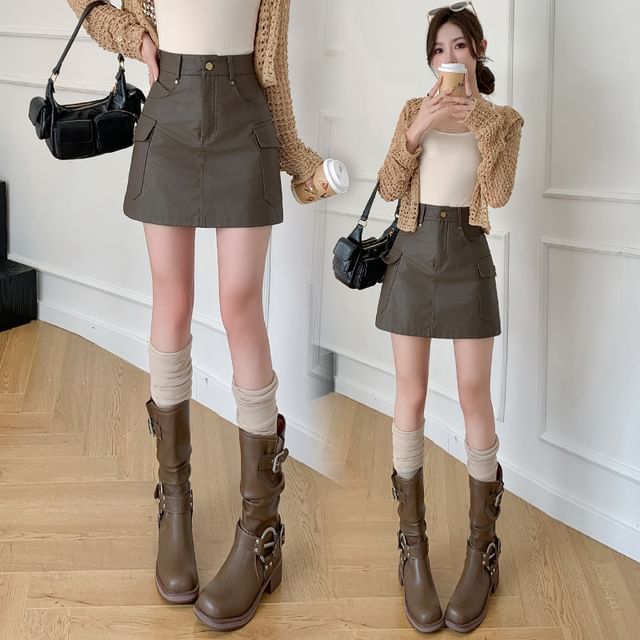 High Waist Faux Leather Cargo Mini A-Line Skirt