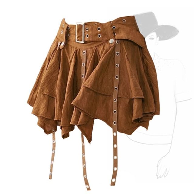 Asymmetrical Grommet Skirt and Ribbed Cami Top