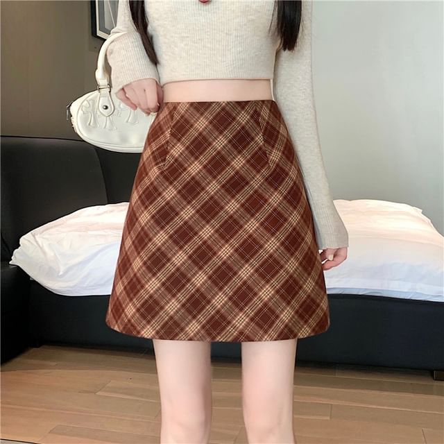 High Waist Plaid A-Line Mini Skirt
